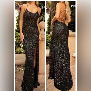 Elegant Black Sequin Strappy Back Evening Gown